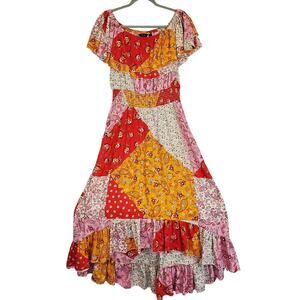 Cottagecore Ruffle Smock Midi Dress L Multicolor Patch Print Boho Music Festival
